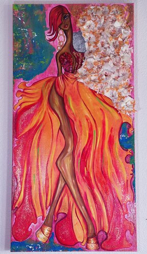 Queen Dona (Mixed Media with Dunkin’ Donuts Napkins, Resin & Couture Floral Detailing) di Dina Kabdolla, Pittura in vendita su Singulart