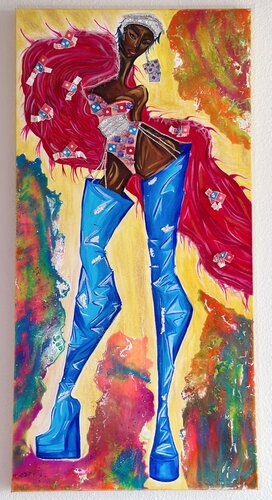 Queen Domino (Mixed Media with Domino’s Pizza Packaging, Resin & Couture Detailing) par Dina Kabdolla, Peinture en vente sur Singulart