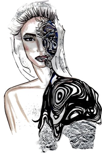 Amina — The Inked Muse Mixed Media on Fine-Art Print 0.005 Micron Pen • Archival Ink • Resin & Acrylic Finish • AYA by DK Signature Print Layer • Metallic Foil & Couture Elements by Dina Kabdolla, 기타 매체 for Sale on Singulart
