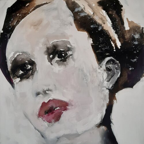 Rote Lippen-Face #144 - series coloroverlay van Monika Lehmann, Schilderij te koop op Singulart