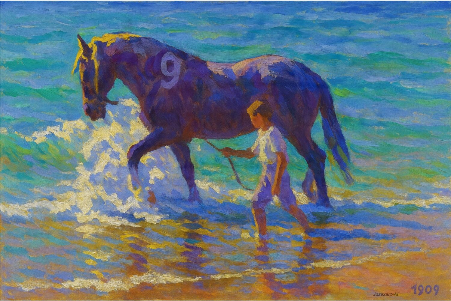 🧿 Le bain du cheval 1909 - Echo Sorolla JozeXart