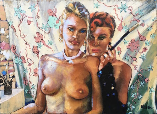 Deux modèles avec fume-cigarette. di Françoise Watin, Pittura in vendita su Singulart