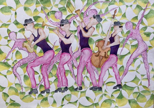 🎺Jazz in the Park with Ghost Dancers . Spring 🎷 di John Goldsworthy, Pittura in vendita su Singulart