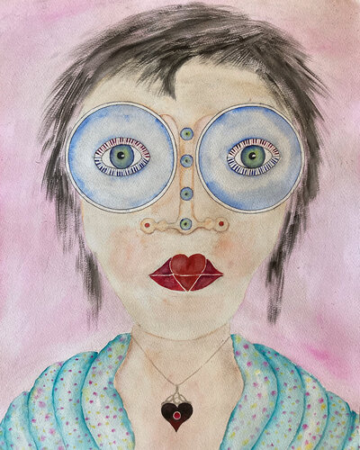 🎼💿 Girl with the CD eyes🎼💿 di John Goldsworthy, Pittura in vendita su Singulart