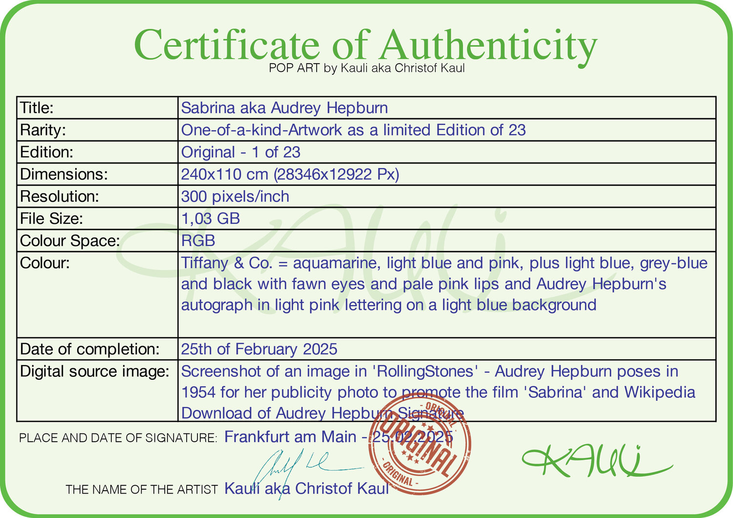 Sabrina aka Audrey Hepburn (Audrey Kathleen Ruston) door Kauli aka Christof  Kaul (2025) : Afdruk Giclée print op Papier - Singulart, image size:1500x1060