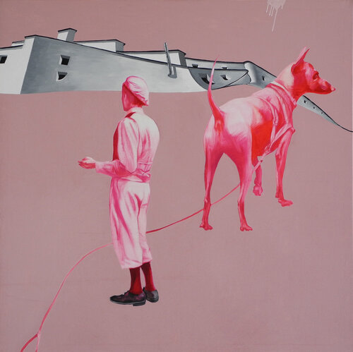 Mann Retro mit Hund van Oleg Kuzenko, Schilderij te koop op Singulart