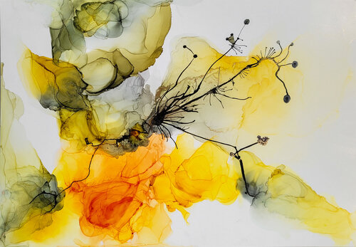 “Nature Harmony” – Abstrakte Alcohol Ink Kunst mit Gold auf Syntec Paper by Gabriele Hofer, Work on Paper for Sale on Singulart