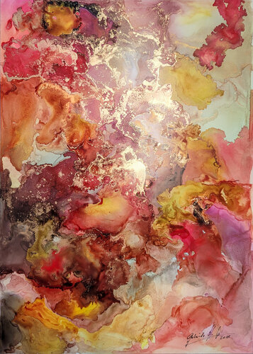 “Dancing Lights” – Abstraktes Acrylbild mit Alkohol Ink auf Syntec Paper de Gabriele Hofer, Obra en papel a la venta en Singulart