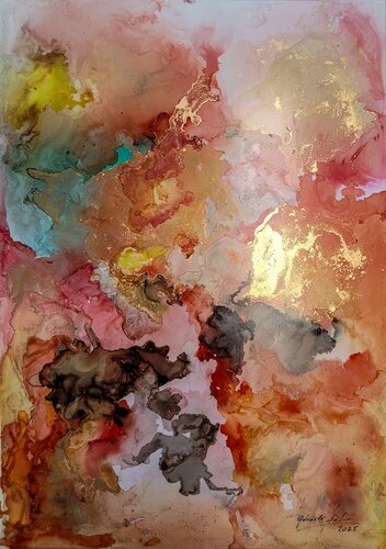 “Radiant Symphony” – Abstrakte Alcohol Ink Kunst mit Farbspiel auf Syntec Paper by Gabriele Hofer, Work on Paper for Sale on Singulart