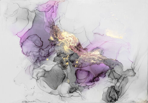 Abstraktes Alcohol Ink Bild “Violet Dreams” in Lila und Gold auf Syntec Paper Gabriele Hofer