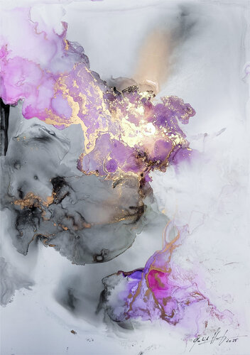 "Whispering Colors" Abstrakte Alcohol Ink Kunst mit Farbspiel in Lila und Gold auf Syntec Paper by Gabriele Hofer, Work on Paper for Sale on Singulart