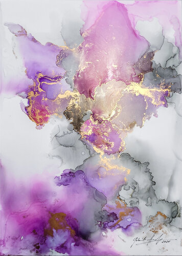 Blooming Grace - Abstrakte Alcohol Ink Kunst mit Farbspiel in Lila und Gold auf Syntec Paper by Gabriele Hofer, Work on Paper for Sale on Singulart