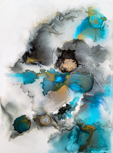 “Ocean Dreams” - Abstrakte Alcohol Ink Kunst mit Farbspiel in Türkis, Blau, Schwarz und Gold auf Syntec Paper by Gabriele Hofer, Work on Paper for Sale on Singulart