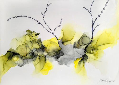 „Lichtgewächse / Light Bloom“ Abstraktes Alcohol Ink Kunstwerk  Fluid Paintingauf Syntec Paper de Gabriele Hofer, Obra en papel a la venta en Singulart