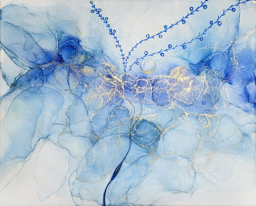 “Blue Serenity” – Alcohol Ink Kunst Blau Gold (Leinwand) 50×40 cm, Unikat by Gabriele Hofer, Work on Paper for Sale on Singulart