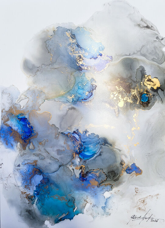 Twilight Waves - Abstrakte Alcohol Ink Kunst mit Farbspiel in Blau und Gold auf Syntec Paper Gabriele Hofer