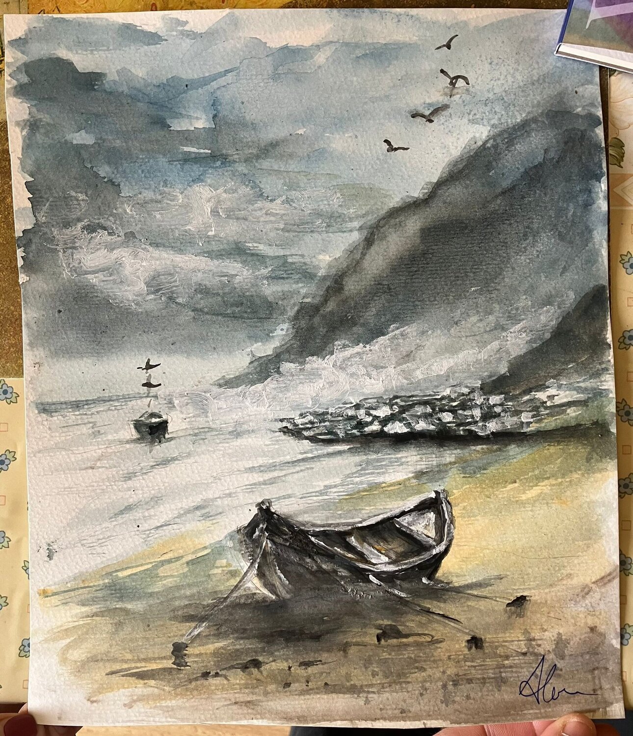 The sea and the boat Alexandra Szekely Opera su carta in vendita