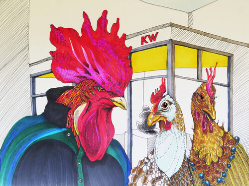 Hahn 1 „Galerie Gockel Mitte“ Hahn/ Gockel/ Rooster/ Museum/ Galerie/ Hühner de Gerit Bella Buennig, Impresión a la venta en Singulart