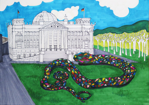 Reichstag 10 „Warteschlange. Reichstag“ Mitte/ Bunt/ Warteschlange/ Reichstag/ Touristen/ Kanzleramt de Gerit Bella Buennig, Impresión a la venta en Singulart