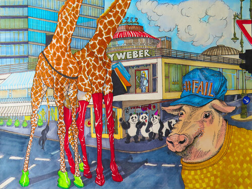 Kranzlereck 2 „Kranzlereck. Ku’damm“ Giraffe/ Beine/ Schwein/ Fail/Panda/ Selfistick de Gerit Bella Buennig, Impresión a la venta en Singulart