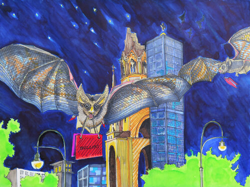 Ku'damm 8 „Kaiser Wilhelm Gedächtniskirche. Ku’damm“ Bulgari/ Blutsauger/ Shoppen/ Ku’damm/ Charlottenburg/ Fledermaus/ Nacht/ Nachtleben/ Gedächtniskirche by Gerit Bella Buennig, 版画 for Sale on Singulart