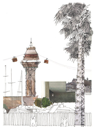 Port Vell, Cablecars 23 par Linda Brownlee, Œuvre sur papier en vente sur Singulart