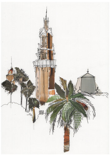 Barcelona Correos view par Linda Brownlee, Œuvre sur papier en vente sur Singulart