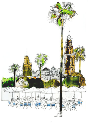 A Cafe Terrace View, Barcelona Port Vell. de Linda Brownlee, Impresión a la venta en Singulart