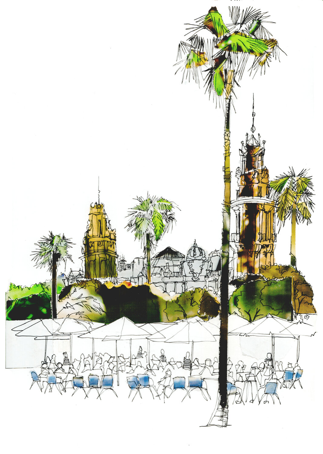 A Cafe Terrace View, Barcelona Port Vell. Linda Brownlee Druck zu verkaufen