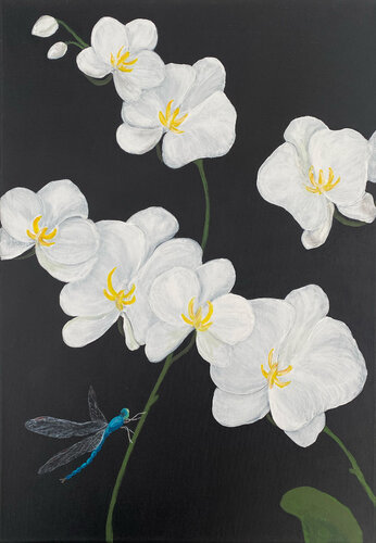 Dragonfly and Orchids van Andrea Eisenberger, Schilderij te koop op Singulart