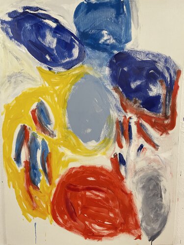 Blau spricht mit Rot und Gelb par Andrea Pfeil, Peinture en vente sur Singulart