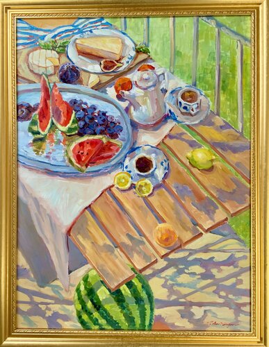 Frühstück auf der Terrasse. Sizilien. par Liudmila Shertsinger, Peinture en vente sur Singulart