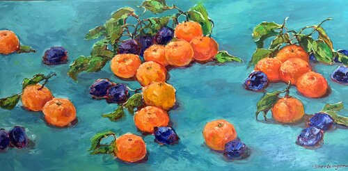 Clementinen und Blaue Pflaumen. by Liudmila Shertsinger, Painting for Sale on Singulart