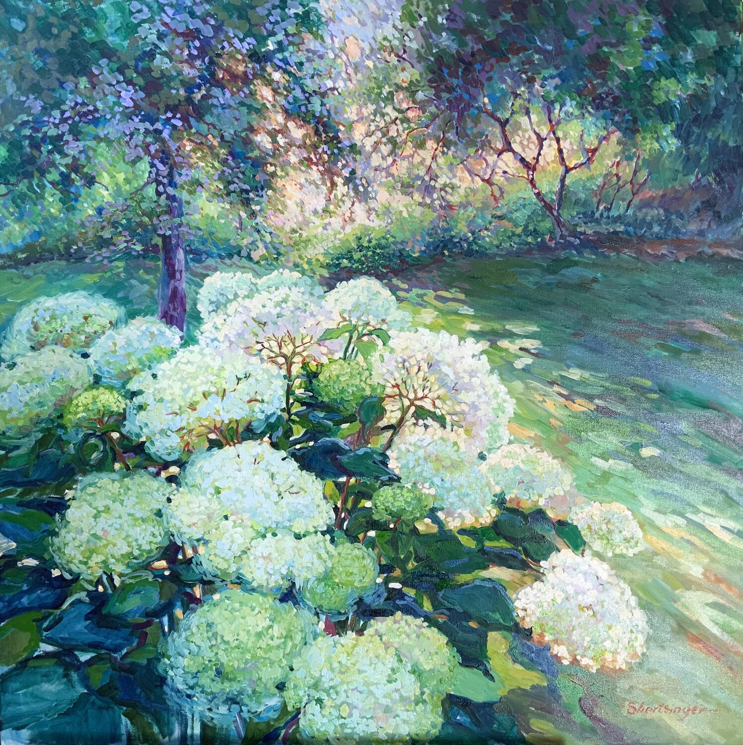 Hortensie Garten Margetshöchheim. Liudmila Shertsinger Originalgemälde zu verkaufen