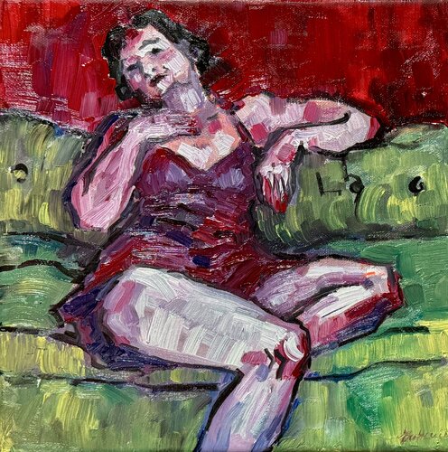 A woman on a green sofa by Ekaterina Dutkevich, Painting for Sale on Singulart