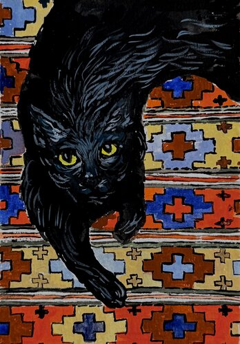 Black cat on the carpet by Ekaterina Dutkevich, Painting for Sale on Singulart