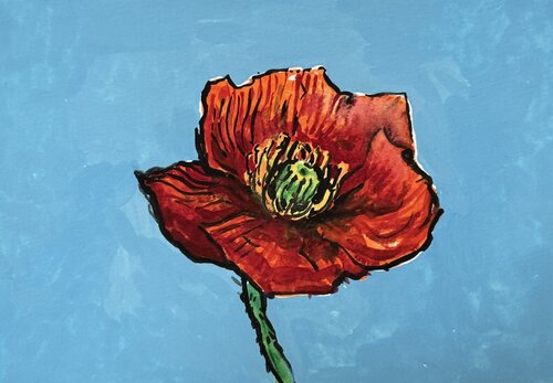 Poppy flower on blue di Ekaterina Dutkevich, Pittura in vendita su Singulart