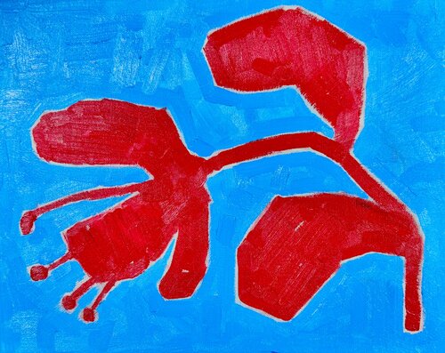 Red flower on blue van Ekaterina Dutkevich, Schilderij te koop op Singulart