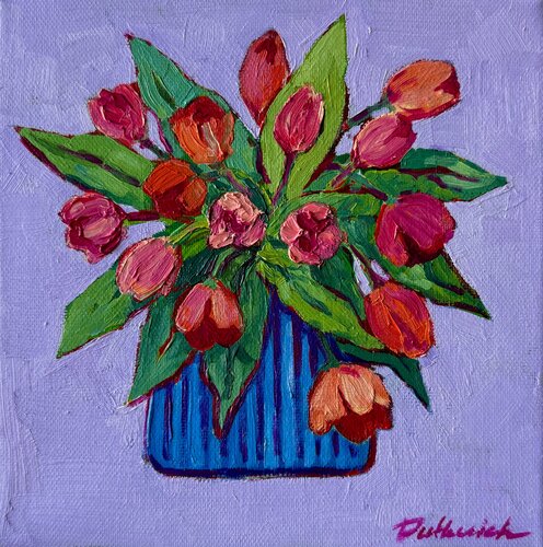 Red tulips bouquet van Ekaterina Dutkevich, Schilderij te koop op Singulart