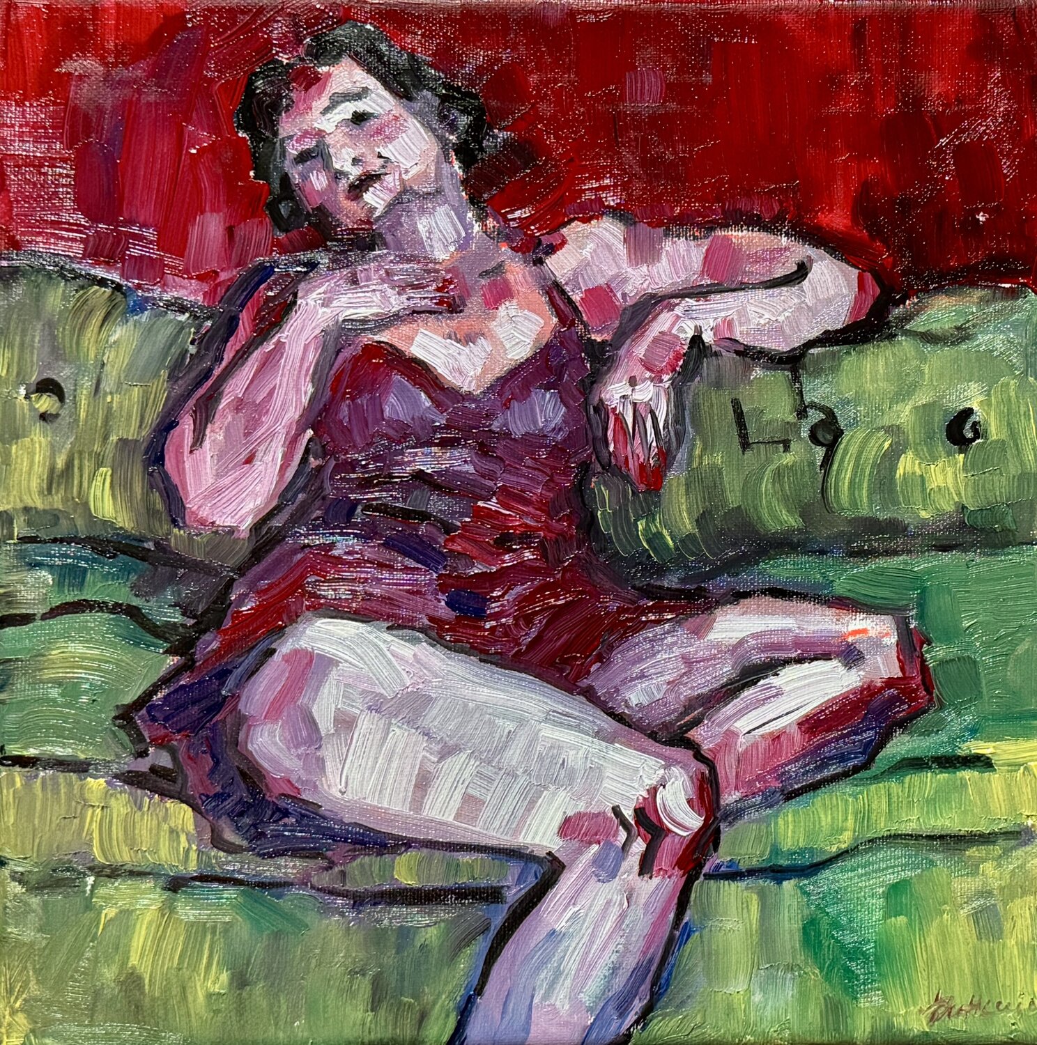 A woman on a green sofa Ekaterina Dutkevich Originalgemälde zu verkaufen