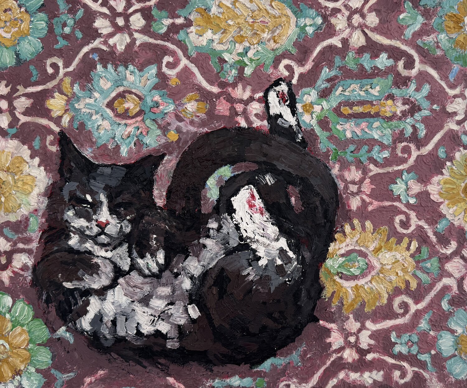 Black cat on the carpet Ekaterina Dutkevich Peinture originale à vendre