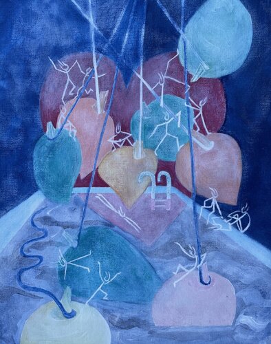 Lotus et fun dans la Piscine. Lotuses and fun in the swimming pool. van Charlotte Franchisey, Schilderij te koop op Singulart