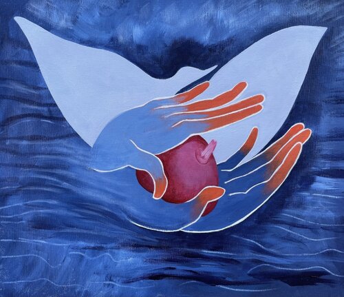 Terre à l'horizon, Colombe et Mer. Land on the horizon, Dove and sea. von Charlotte Franchisey, Malerei kaufen auf Singulart