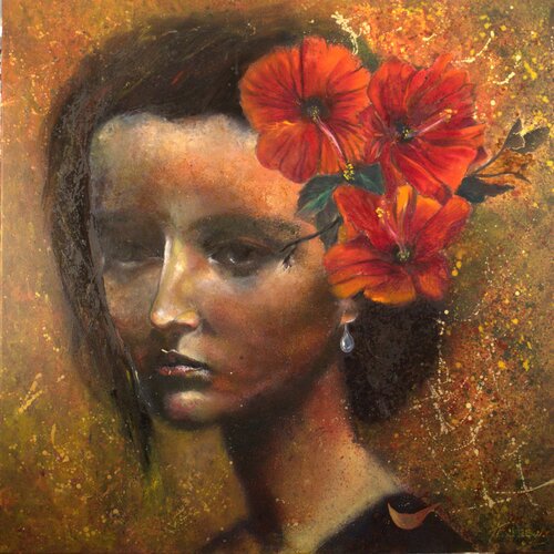 Dame aux fleurs d'Hibiscus van Stephane Texereau, Schilderij te koop op Singulart