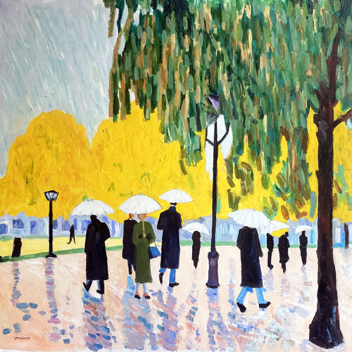 Strolling Through a Rainy Park von JUAN MANUEL SANCHEZ RODRIGUEZ, Malerei kaufen auf Singulart