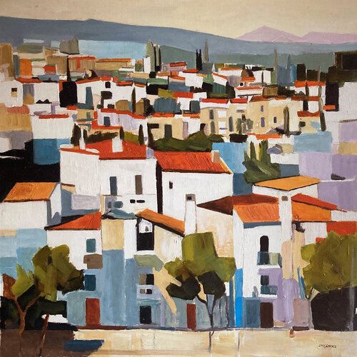 Colorful Mediterranean Village Scene di JUAN MANUEL SANCHEZ RODRIGUEZ, Pittura in vendita su Singulart