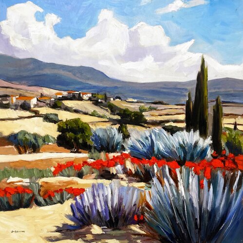 Agaves and Poppies under a Clouded Sky von JUAN MANUEL SANCHEZ RODRIGUEZ, Malerei kaufen auf Singulart