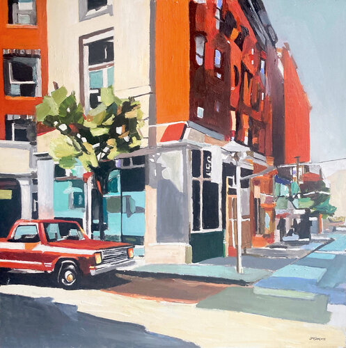 Colorful Urban Corner Street Scene von JUAN MANUEL SANCHEZ RODRIGUEZ, Malerei kaufen auf Singulart