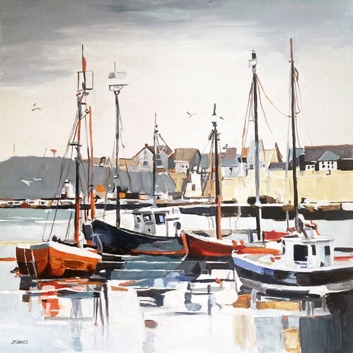 Tranquil Harbor with Colorful Boats von JUAN MANUEL SANCHEZ RODRIGUEZ, Malerei kaufen auf Singulart