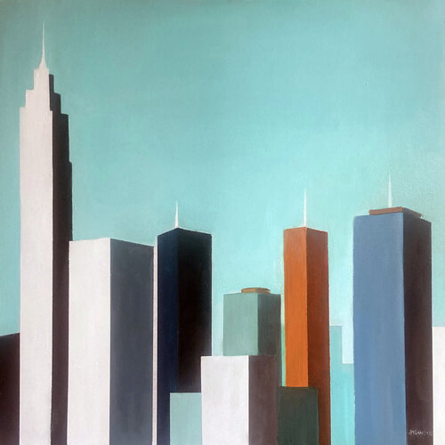 Rascacielos en cielo turquesa von JUAN MANUEL SANCHEZ RODRIGUEZ, Malerei kaufen auf Singulart